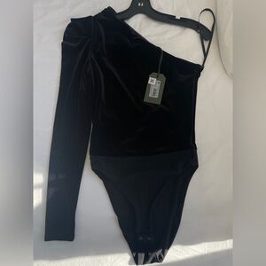 All Saints Daphne Black Velvet One-Shoulder Bodysuit